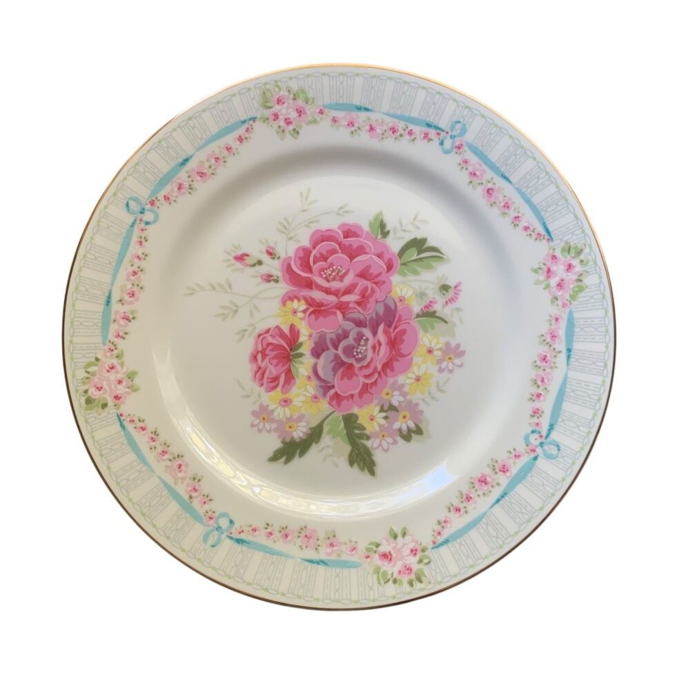 Andrea by Sadek Porcelain Vibrant pink Floral Roses Blue Ribbons Plate Cottage